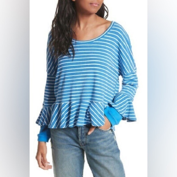 Free People Round About Tee, Ocean Blue Stripe, Size S - Picture 1 of 9